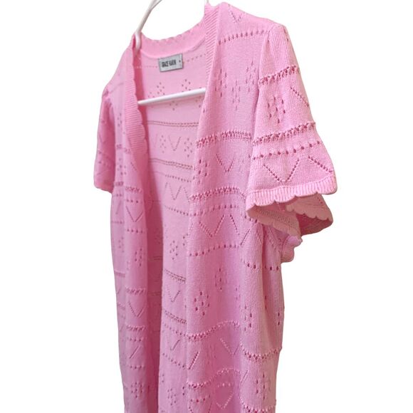 Grace Karin Pink Eyelets Knit Short Sleeve Lightweight Cardigan - Picture 2 of 6